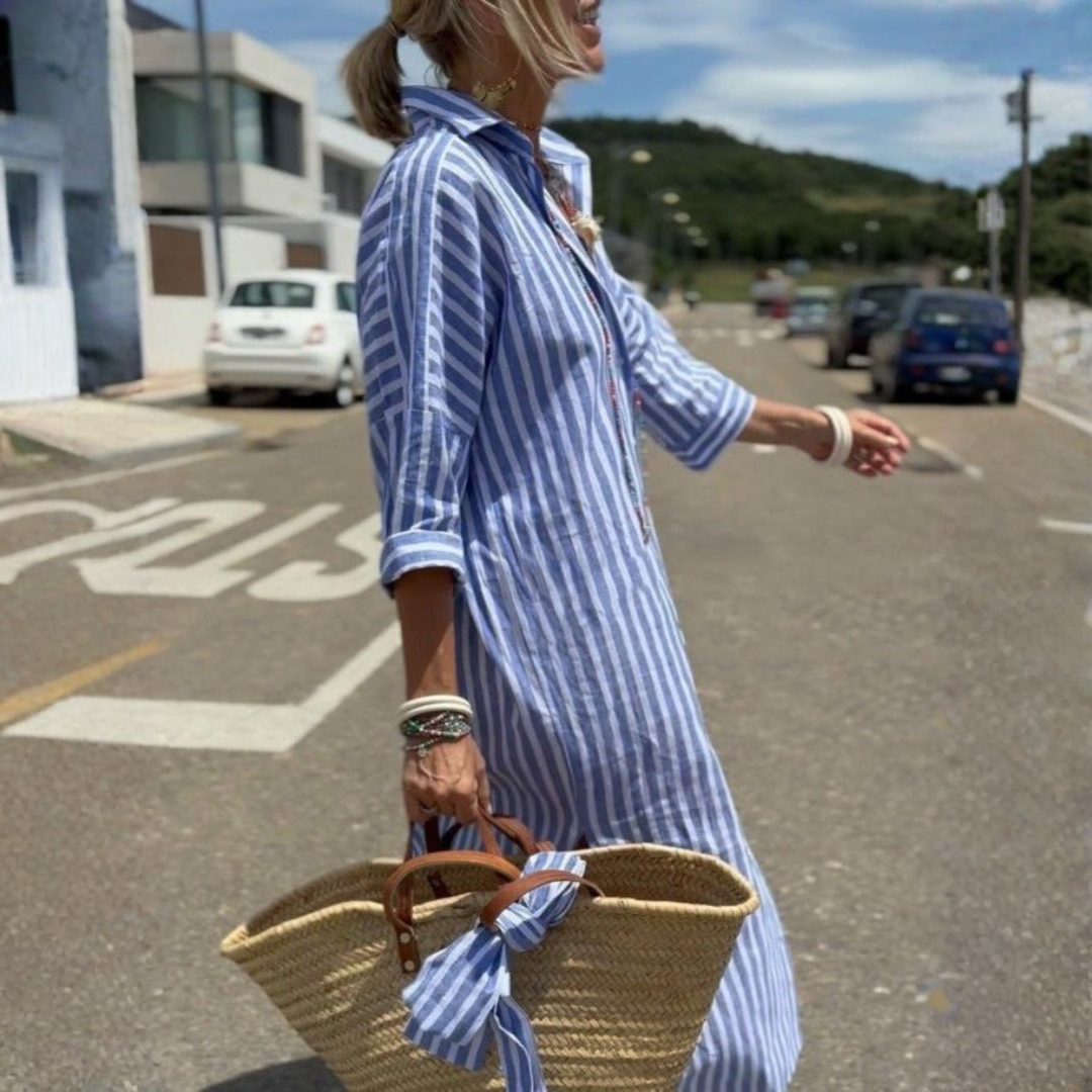 Noa | Women Summer Shirt Dress Striped Button Front Midi