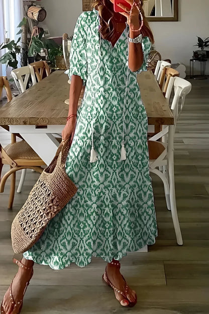 Robe longue femme imprimé floral décolleté en V manches courtes