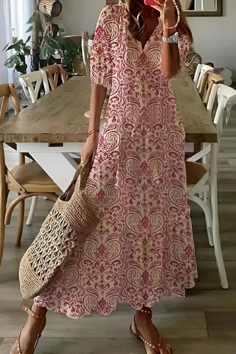 Robe longue femme imprimé floral décolleté en V manches courtes