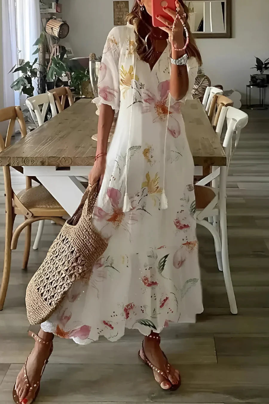 Robe longue femme imprimé floral décolleté en V manches courtes