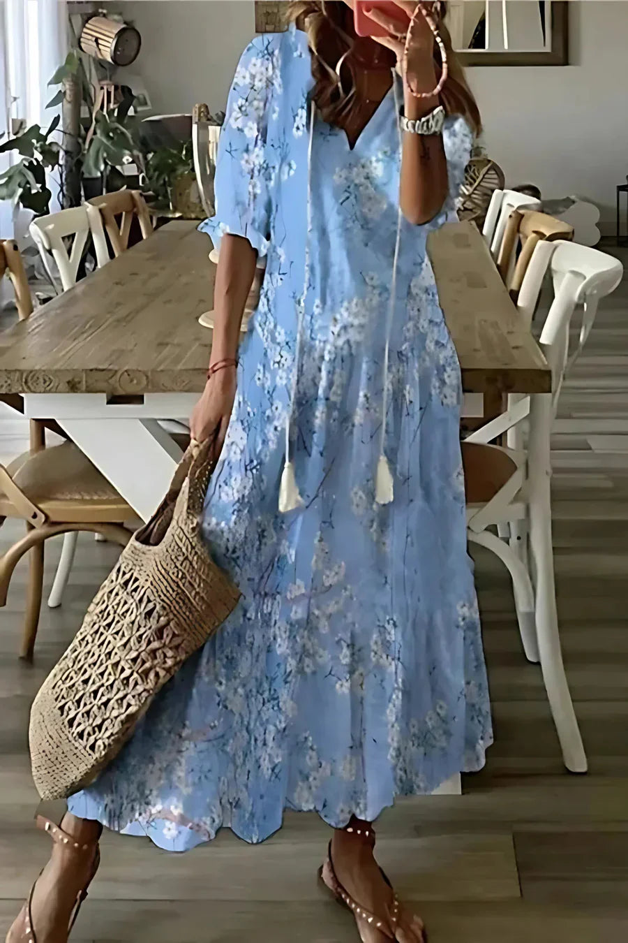 Robe longue femme imprimé floral décolleté en V manches courtes