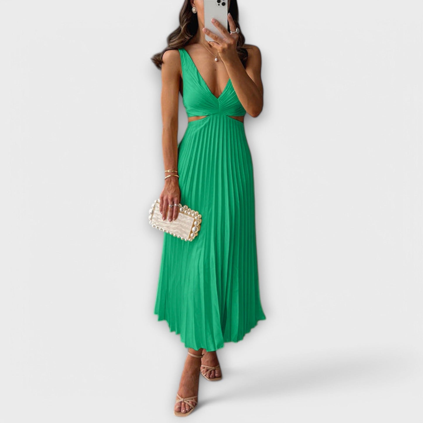 Nora | Women's Day Dress With Pleated Skirt And Sleeveless V-Neck Design | Casual