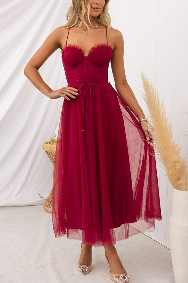 Dresses - A midi cocktail dress featuring a fitted bodice with a corset design and a flowing tulle skirt. 10