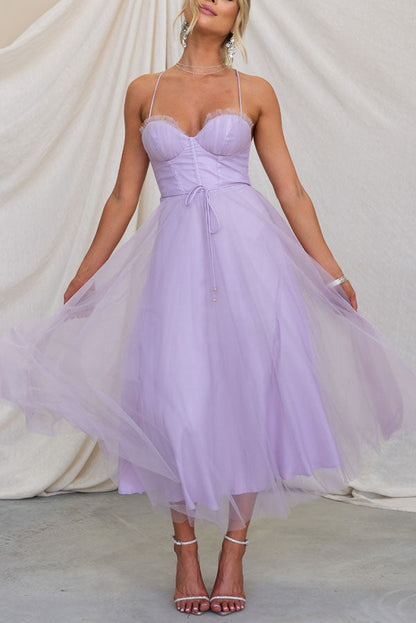 Dresses - A midi cocktail dress featuring a fitted bodice with a corset design and a flowing tulle skirt. 13