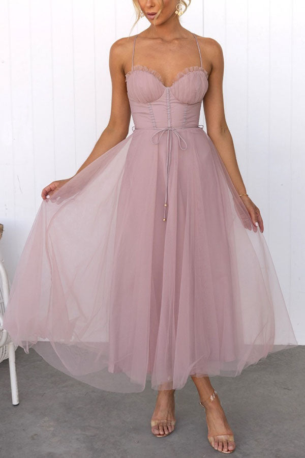 Dresses - A midi cocktail dress featuring a fitted bodice with a corset design and a flowing tulle skirt. 2