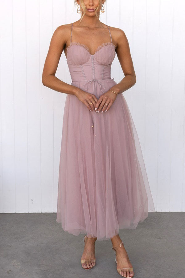 Dresses - A midi cocktail dress featuring a fitted bodice with a corset design and a flowing tulle skirt. 3