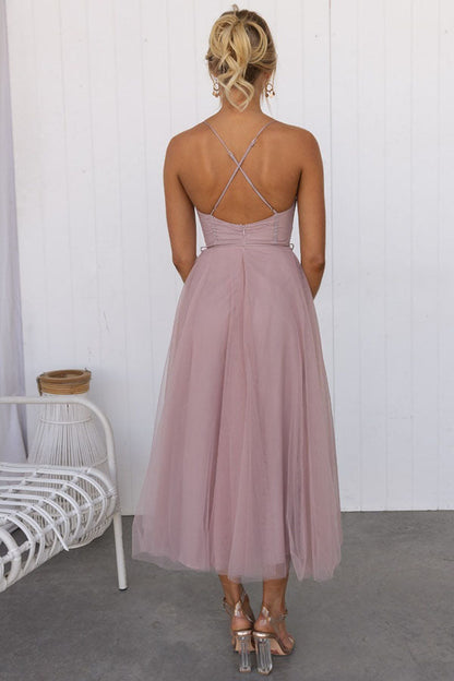Dresses - A midi cocktail dress featuring a fitted bodice with a corset design and a flowing tulle skirt. 5