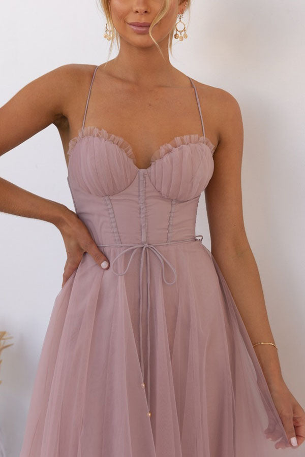 Dresses - A midi cocktail dress featuring a fitted bodice with a corset design and a flowing tulle skirt. 6