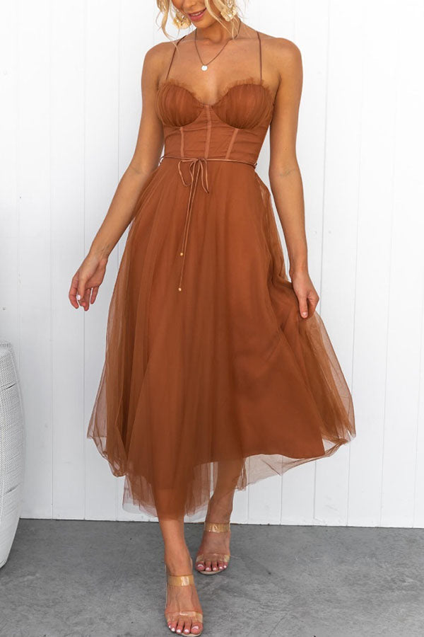 Dresses - A midi cocktail dress featuring a fitted bodice with a corset design and a flowing tulle skirt. 7