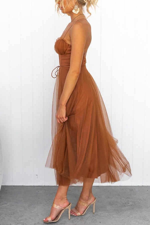 Dresses - A midi cocktail dress featuring a fitted bodice with a corset design and a flowing tulle skirt. 8