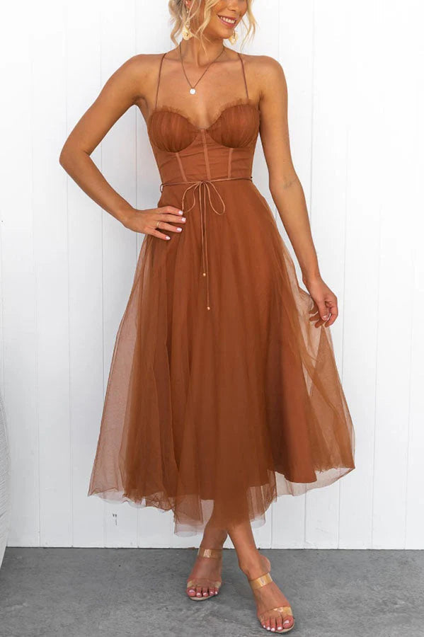 Dresses - A midi cocktail dress featuring a fitted bodice with a corset design and a flowing tulle skirt. 9