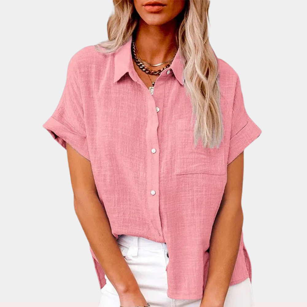 Elegant women's shirt featuring a collar and short sleeves. 4