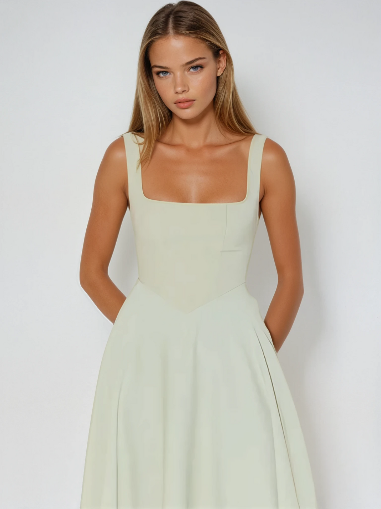 Midi dress featuring a square neckline and wide straps, designed for elegant occasions. The dress has a fitted bodice and a flowing skirt that falls to mid 1