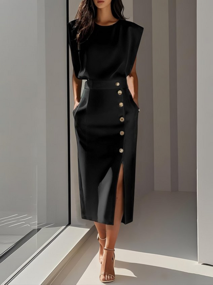 Midi dress with a button-down front and a side slit, designed for women. 0