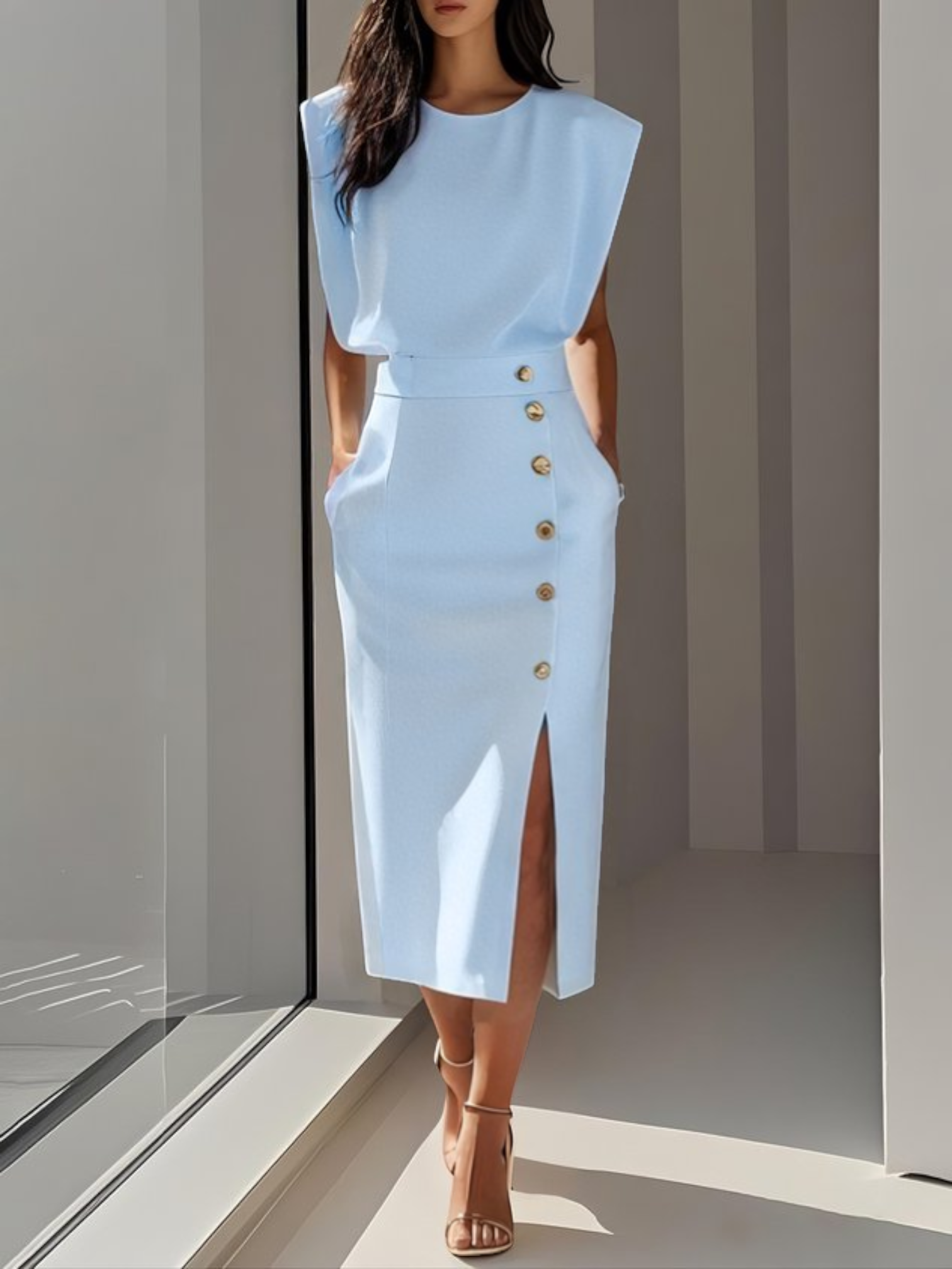 Midi dress with a button-down front and a side slit, designed for women. 10
