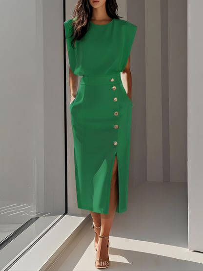 Midi dress with a button-down front and a side slit, designed for women. 12