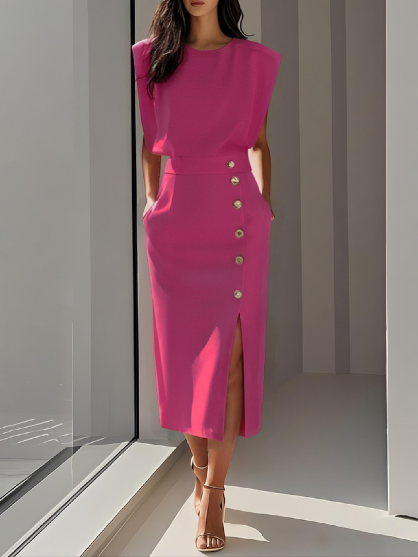 Midi dress with a button-down front and a side slit, designed for women. 13