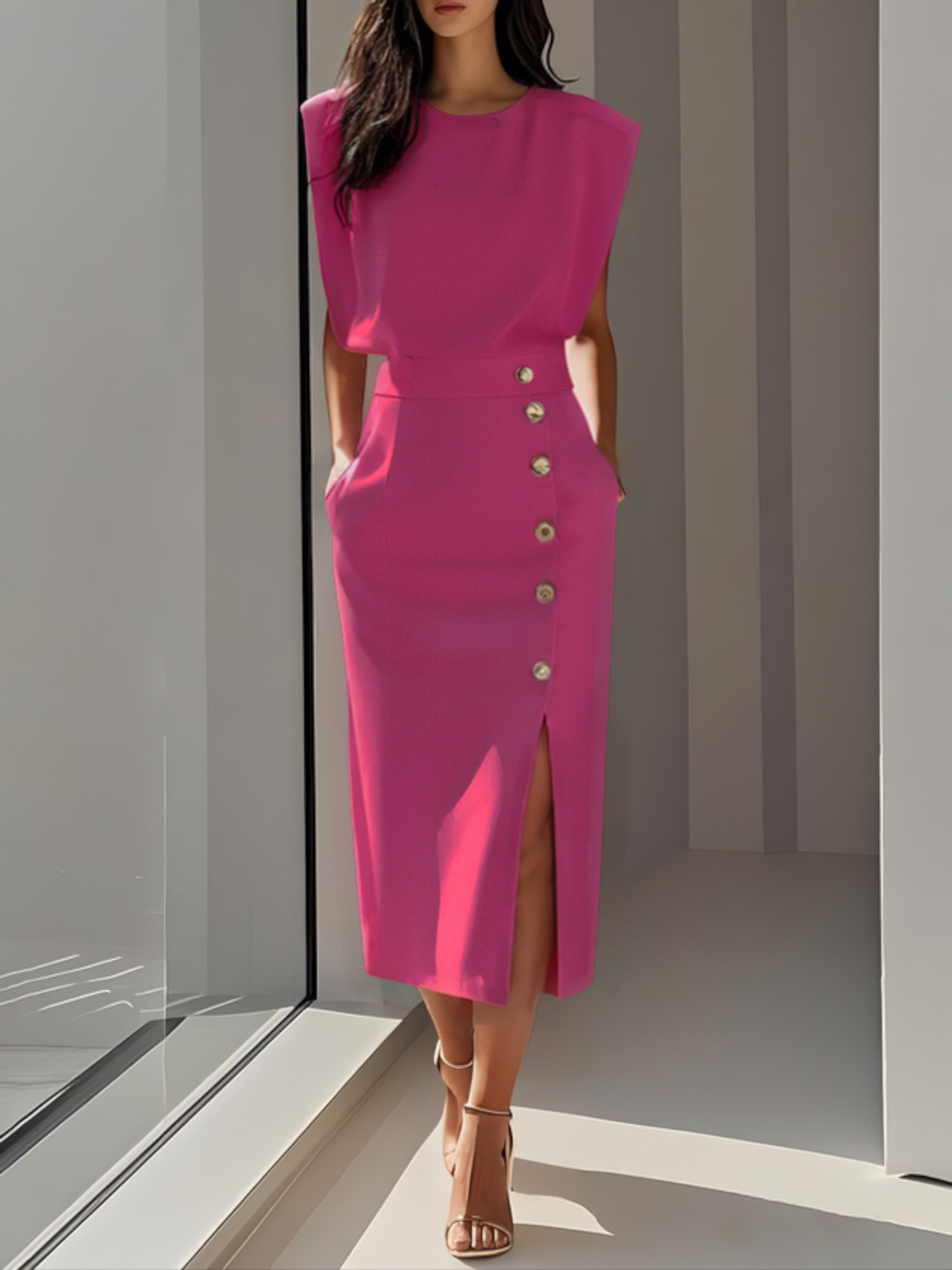 Midi dress with a button-down front and a side slit, designed for women. 13