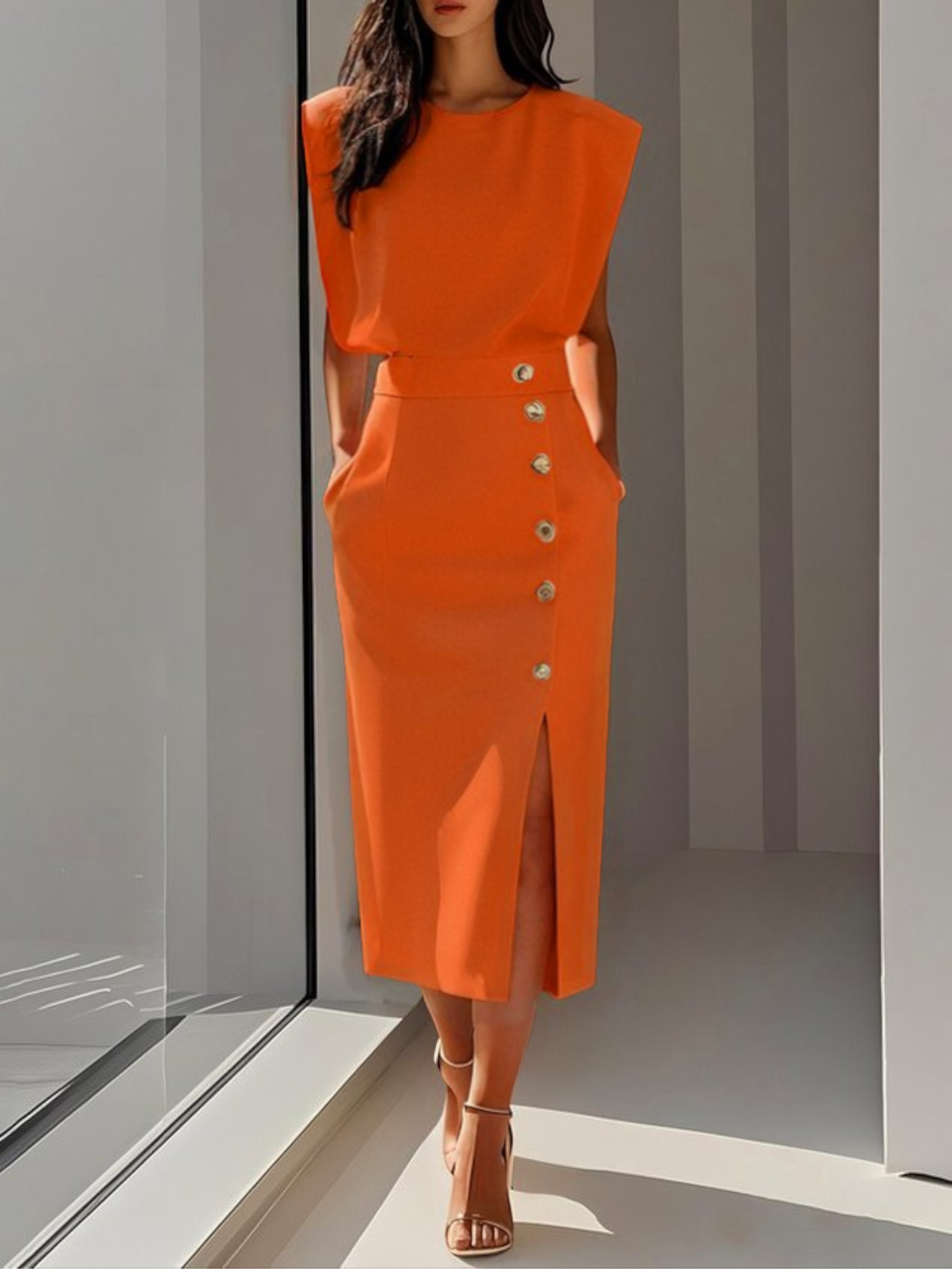 Midi dress with a button-down front and a side slit, designed for women. 2