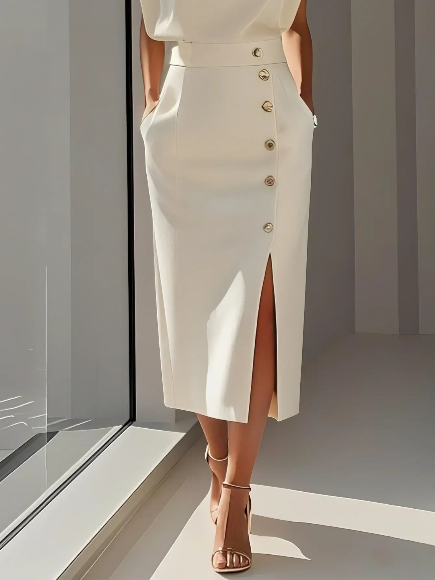 Midi dress with a button-down front and a side slit, designed for women. 4