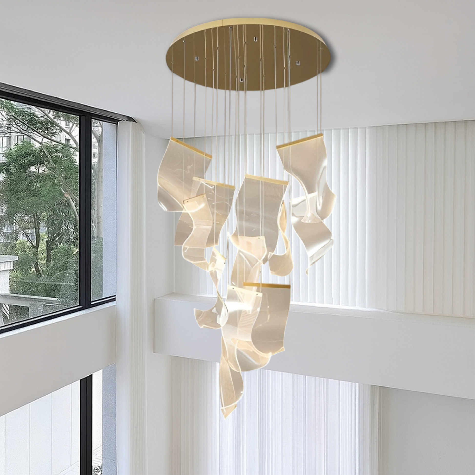 Nowoczesny Złoty Żyrandol do Salonu z Regulowaną Wysokością i Ciepłym Światłem LED – Akrylowy Design do Foyer i Jadalni 5