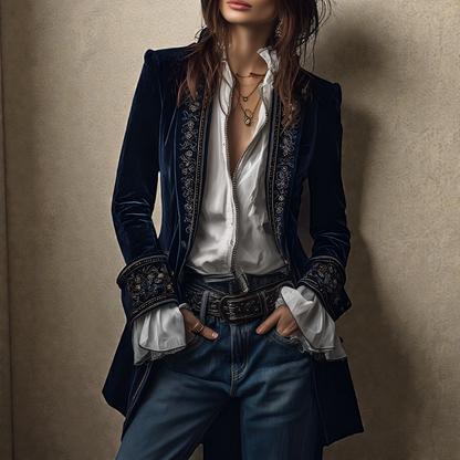 SUENTA Elegante Samtjacke Luxuriösen Samtmaterial Exquisiten Verarbeitung Marineblau