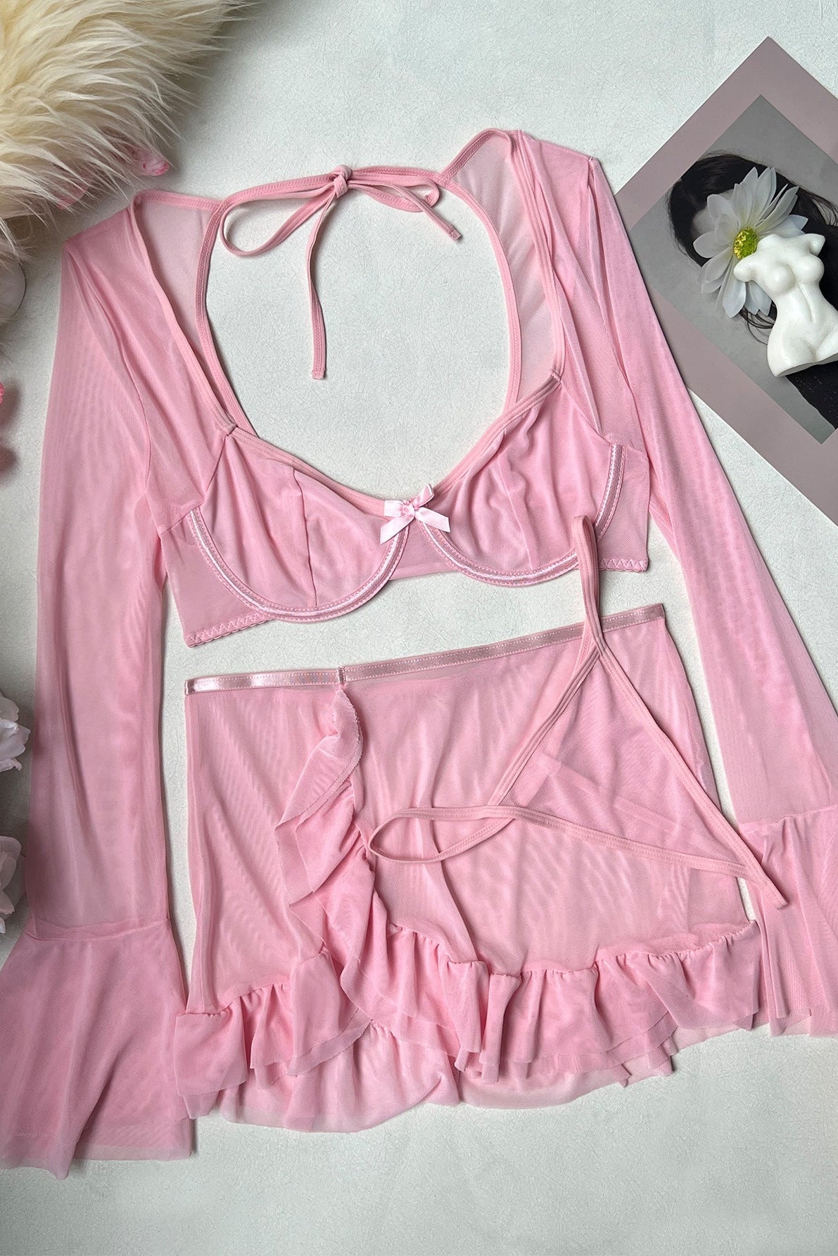 Pink Mesh Lingerie Set Long Sleeve Wired Skirt dames