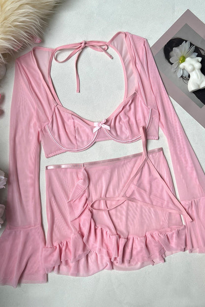 Pink Mesh Lingerie Set Long Sleeve Wired Skirt dames