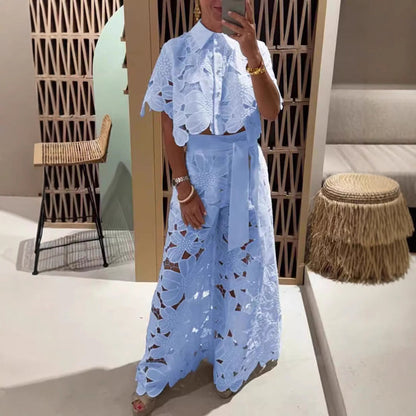 Women’s Lace Two-Piece Set – Floral Wide-Leg Pants & Crop Top
