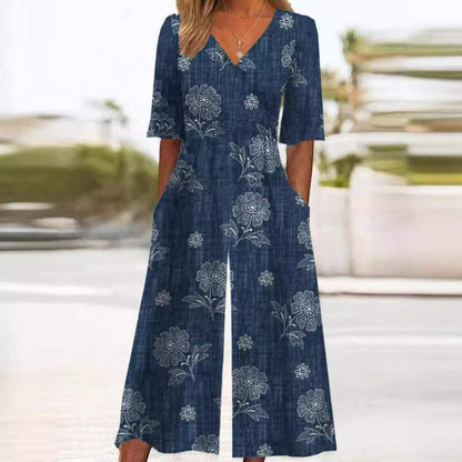 Cyrene | Dames jumpsuit met print en wijde pijpen – V-hals, halflange mouwen, zomerse casual en elegante outfit