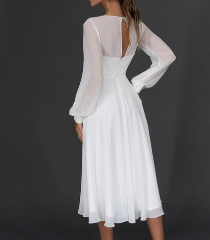 Serena | Long-Sleeve Chiffon Midi Dress | Elegant Flowing Design | White Occasion Dress