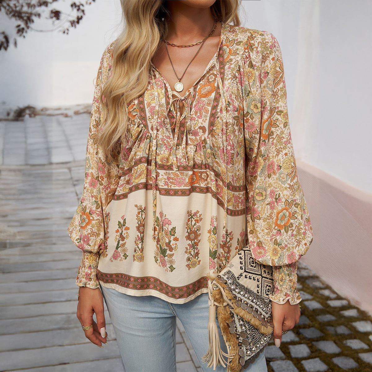 Women’s Floral Tie Front Blouse – Lightweight Breathable Comfortable Stylish Casual Long Sleeve Top