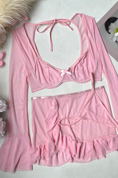 Pink Mesh Lingerie Set Long Sleeve Wired Skirt dames
