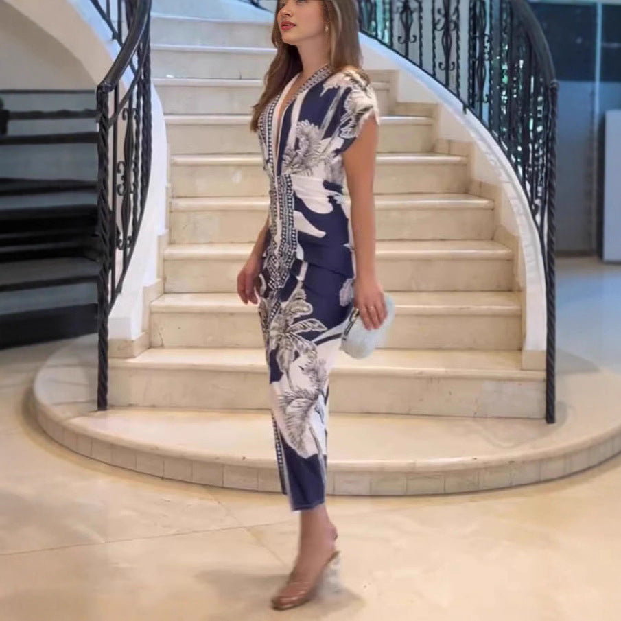 Lunavierre - Bedrucktes V-Ausschnitt Kleid mit Schlitz