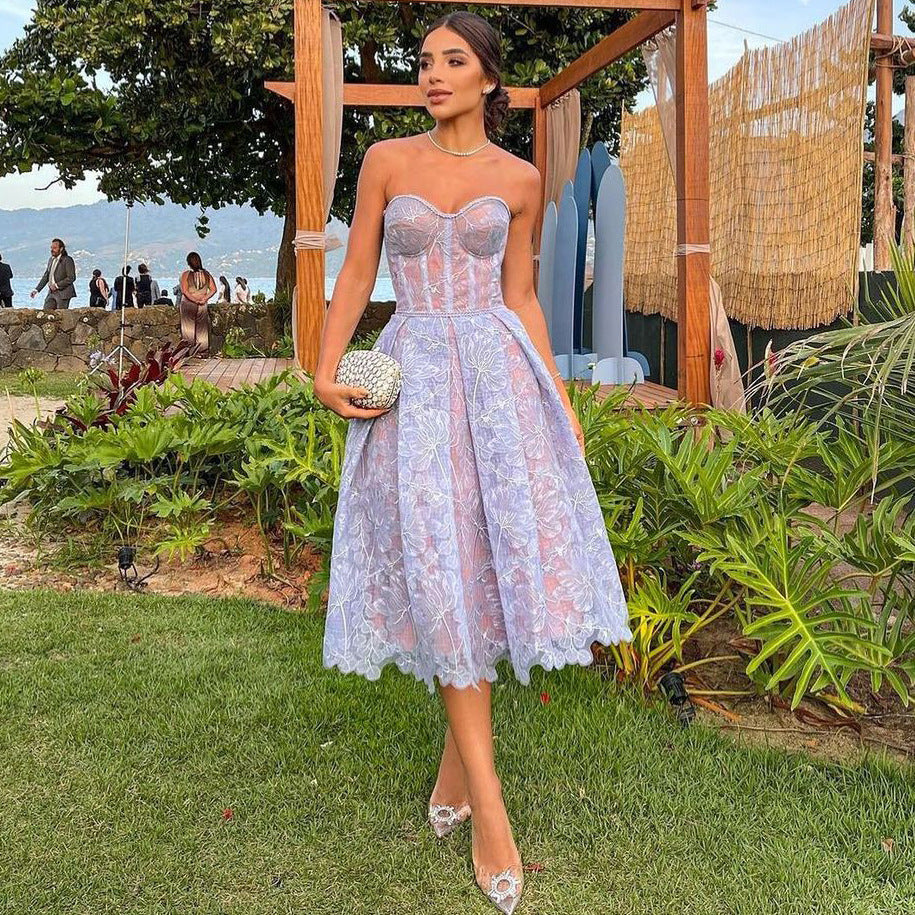Strapless Lace Midi Prom Dress - Elegant - Formal Evening