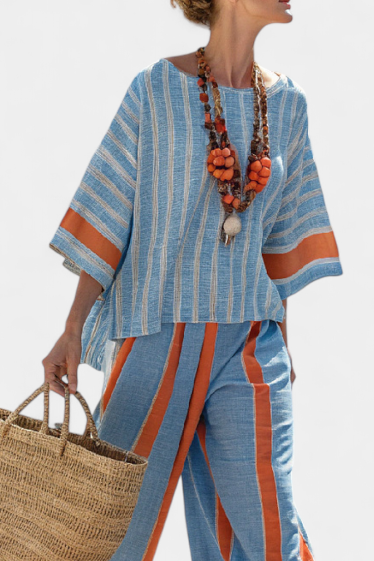 Celeste | Sophisticated Terracotta Striped Top & Linen Pants