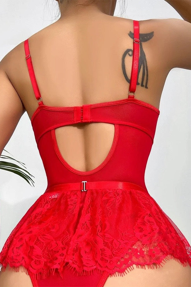 Red Lace Mesh Rhinestone Heart Bodysuit Garter Skirted Belt Sexy 2Pc Lingerie Set