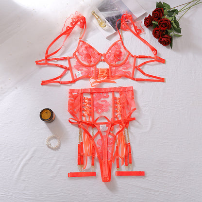 Orange Bustier Lingerie Set Lace Embroidery Garter dames