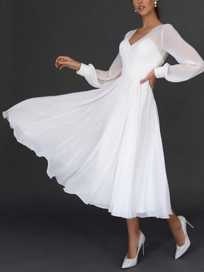 Serena | Long-Sleeve Chiffon Midi Dress | Elegant Flowing Design | White Occasion Dress