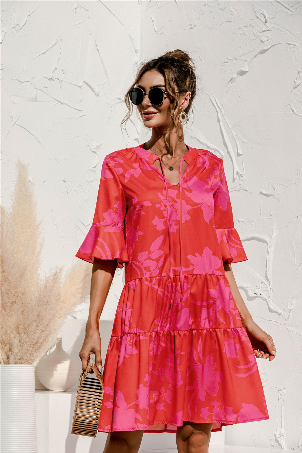 Robe Mini Femme à Col V – Style Été Taille Basse à Volants