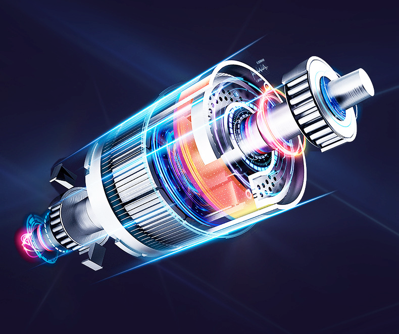 Moteur électrique futuriste en 3D, avec engrenages et lumières néon, sur fond bleu foncé. Technologie avancée, innovation, énergie.