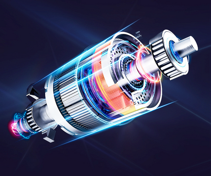Moteur électrique futuriste en 3D, avec engrenages et lumières néon, sur fond bleu foncé. Technologie avancée, innovation, énergie.