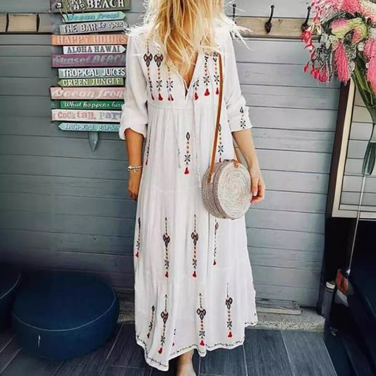 Elegant Boho-Kjole med Unikke Broderede Detaljer