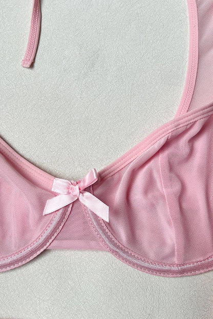 Pink Mesh Lingerie Set Long Sleeve Wired Skirt dames