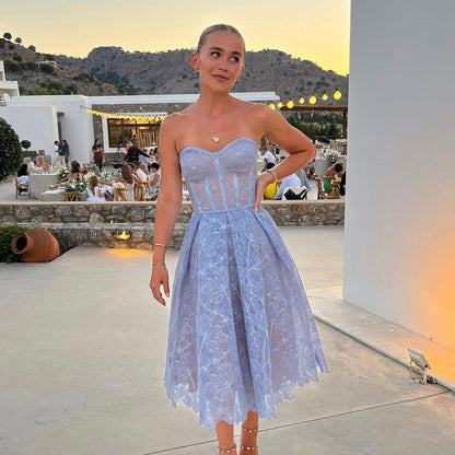 Strapless Lace Midi Prom Dress - Elegant - Formal Evening