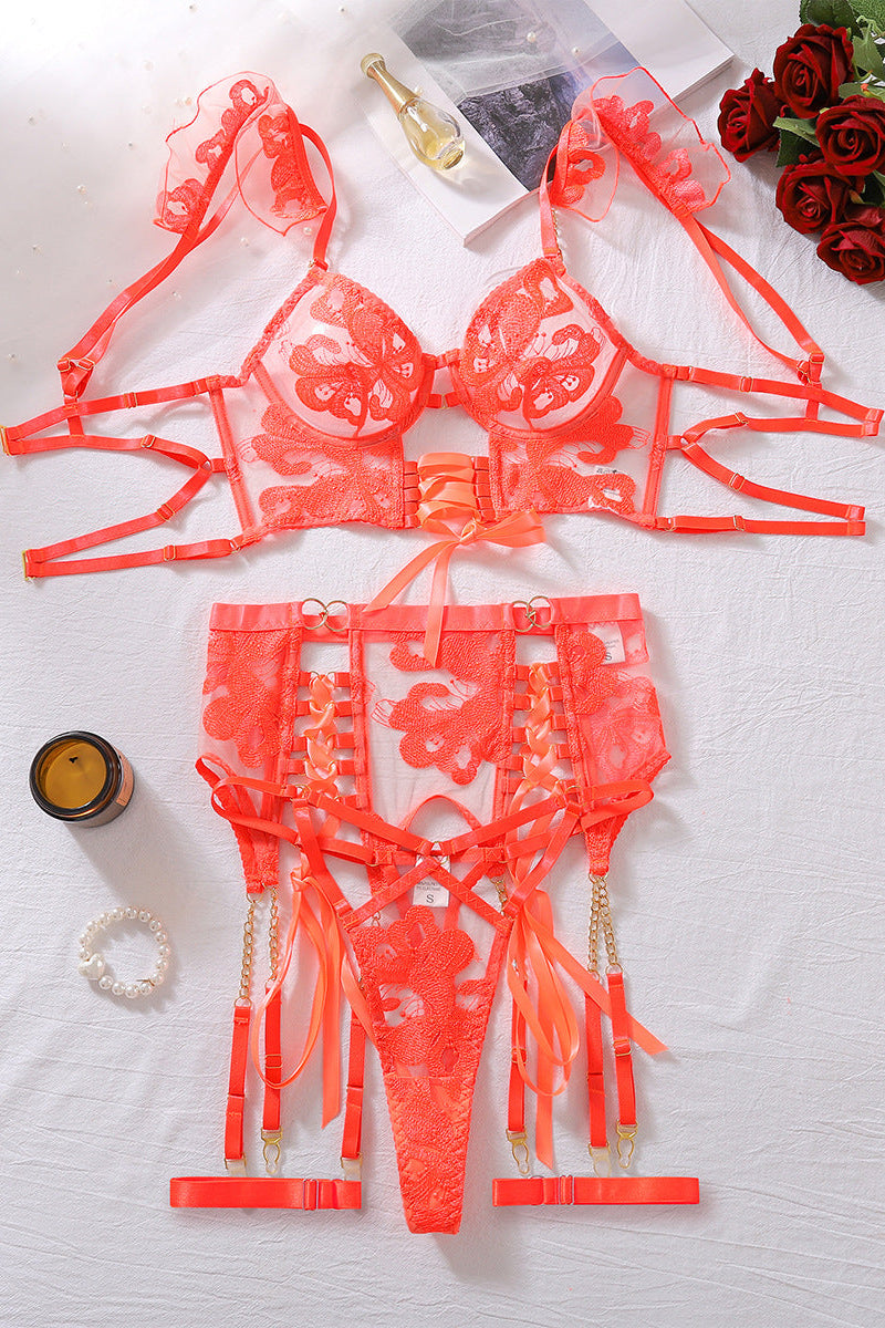 Orange Bustier Lingerie Set Lace Embroidery Garter dames