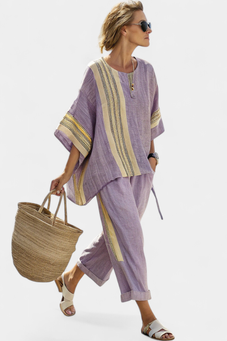 Anila - Conjunto Elegante de Duas Peças em Linho com Design às Riscas