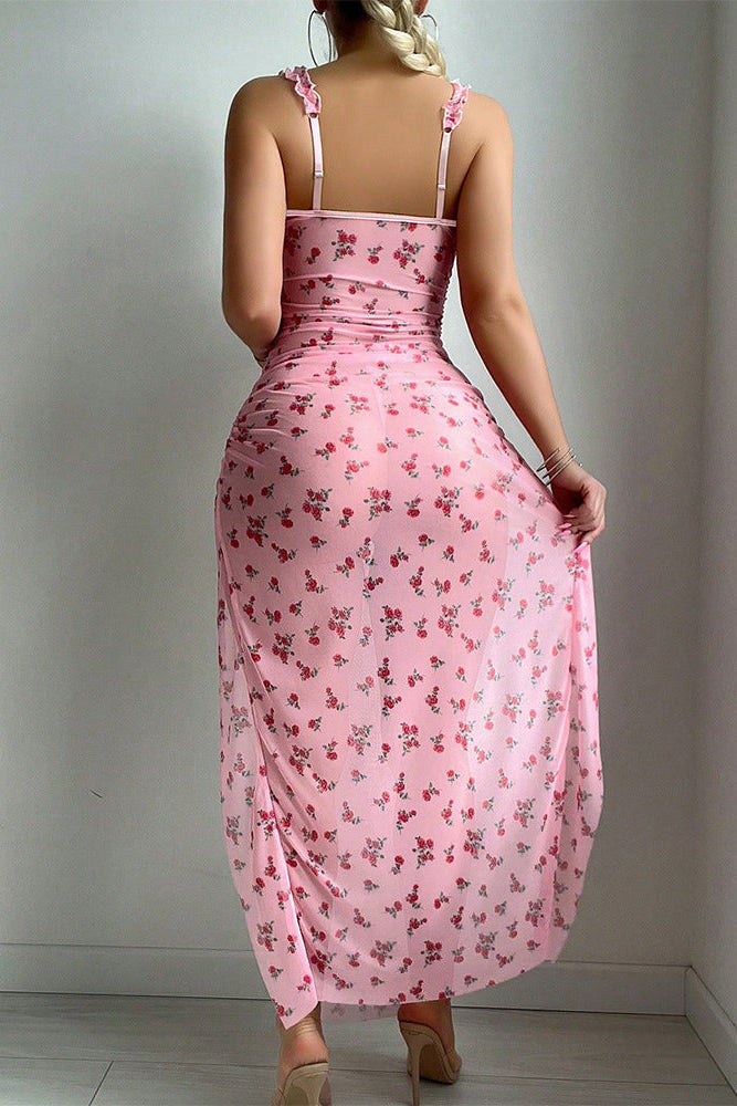 Pink Mesh Maxi Dress High Slit Flower Print dames