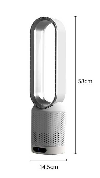 Ventilateur sans pales blanc, design moderne, hauteur 58 cm, base perforée, affichage numérique, idéal pour refroidissement efficace et silencieux.