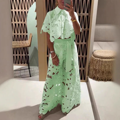 Women’s Lace Two-Piece Set – Floral Wide-Leg Pants & Crop Top